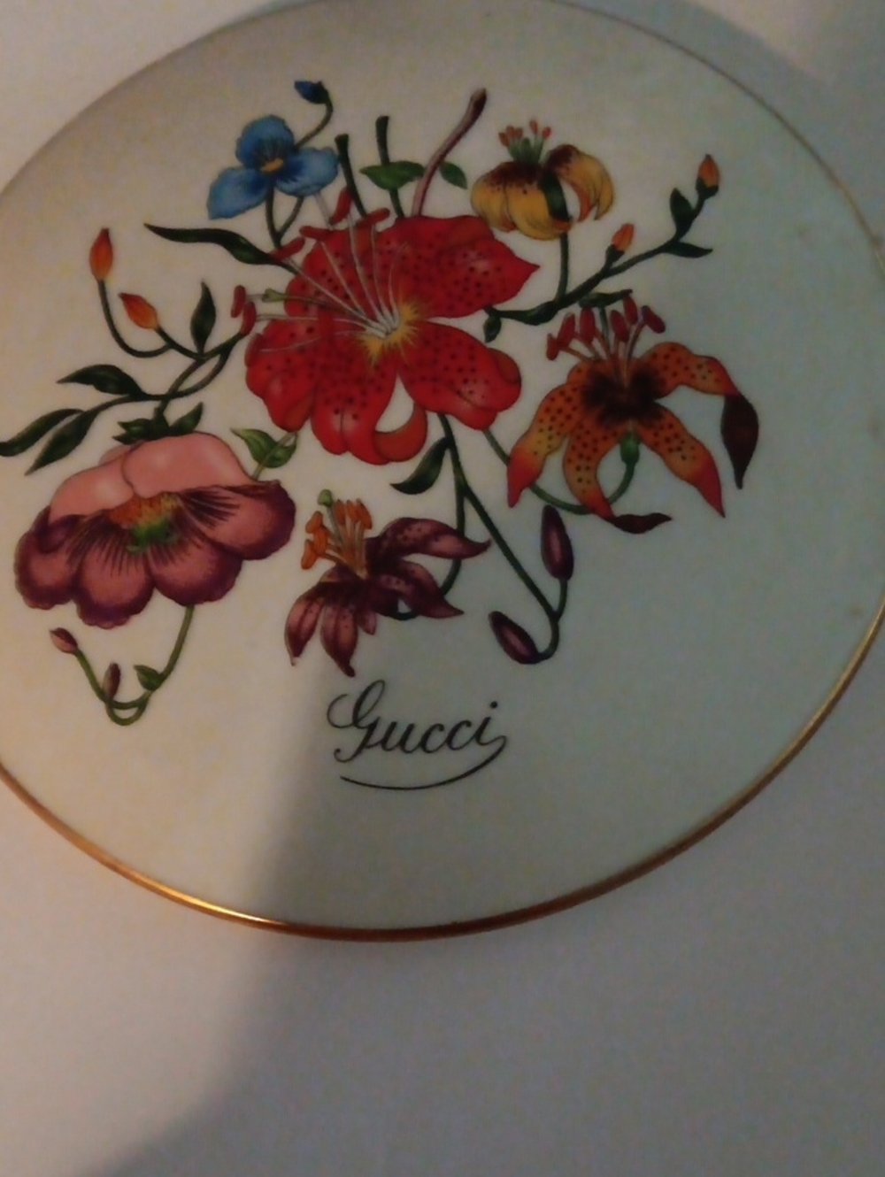 Gucci White Porcelain Top of Covered Dish Multicolor Floral Pattern and Gold Rim